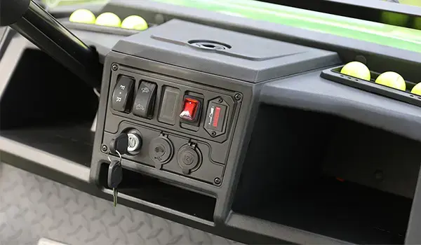 Multi-functional automotive-style dashboard with various controls and displays.