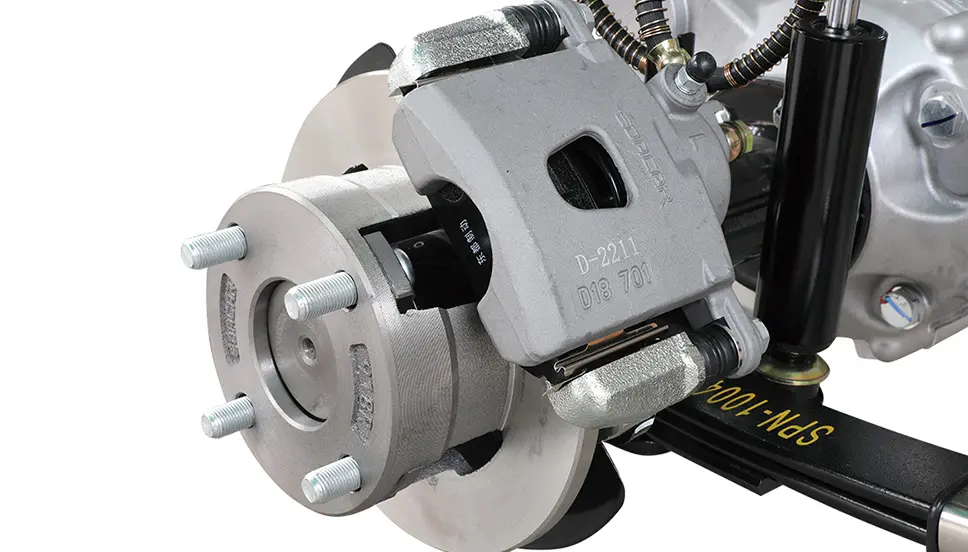 Close-up of 4-wheel hydraulic disc brakes with an emergency brake feature.