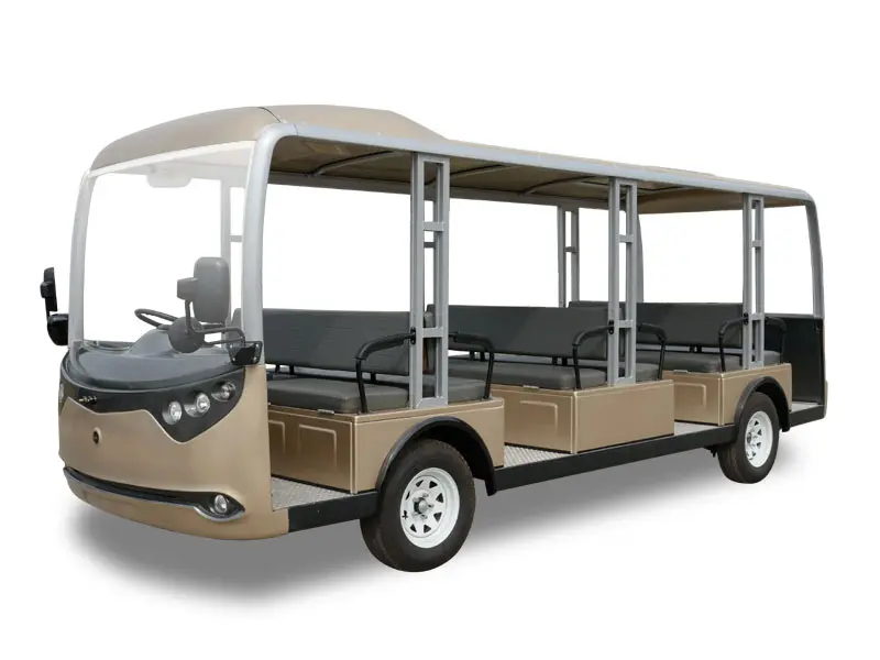 A 23-seater open sightseeing bus with a beige and black design, featuring a clear front windshield and seating along the sides.