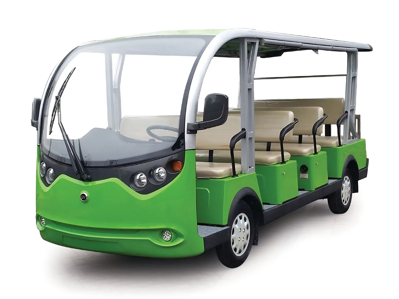 A green 11-seater shuttle bus with a modern design, featuring a transparent canopy and beige seating.
