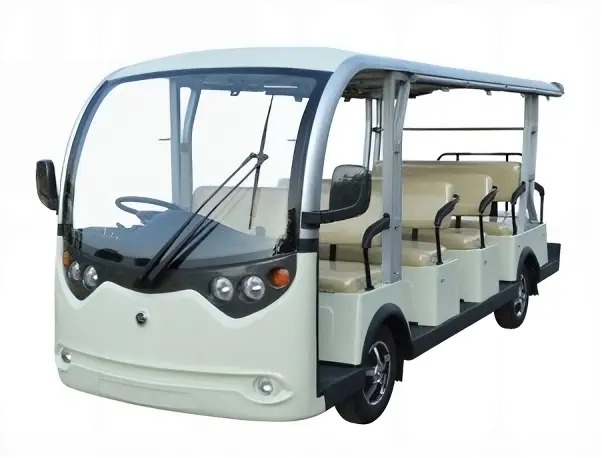 White 14-seater shuttle bus with open sides and streamlined design.