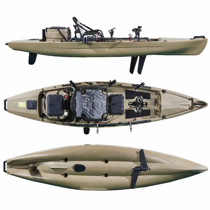 Three views of the Aurum Kayak, showcasing its sleek design, comfortable seating, and dual fins.