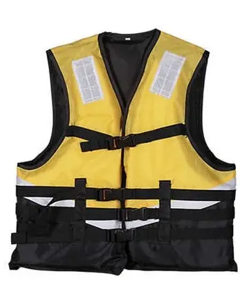 Yellow and black life jacket featuring reflective strips and multiple buckles for secure fitting.