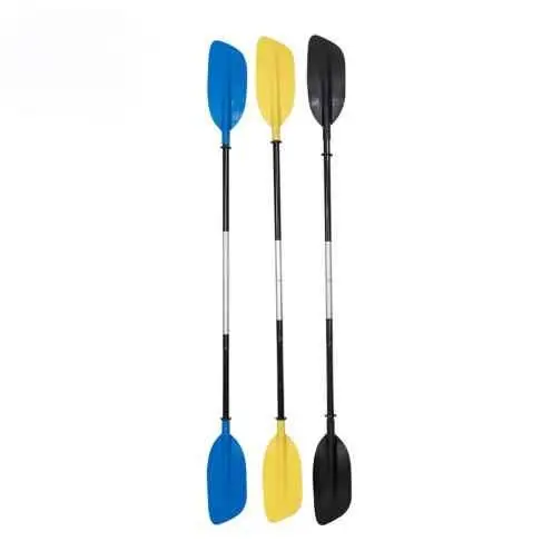 Three paddles featuring blue, yellow, and black blades with durable shafts for kayaking.